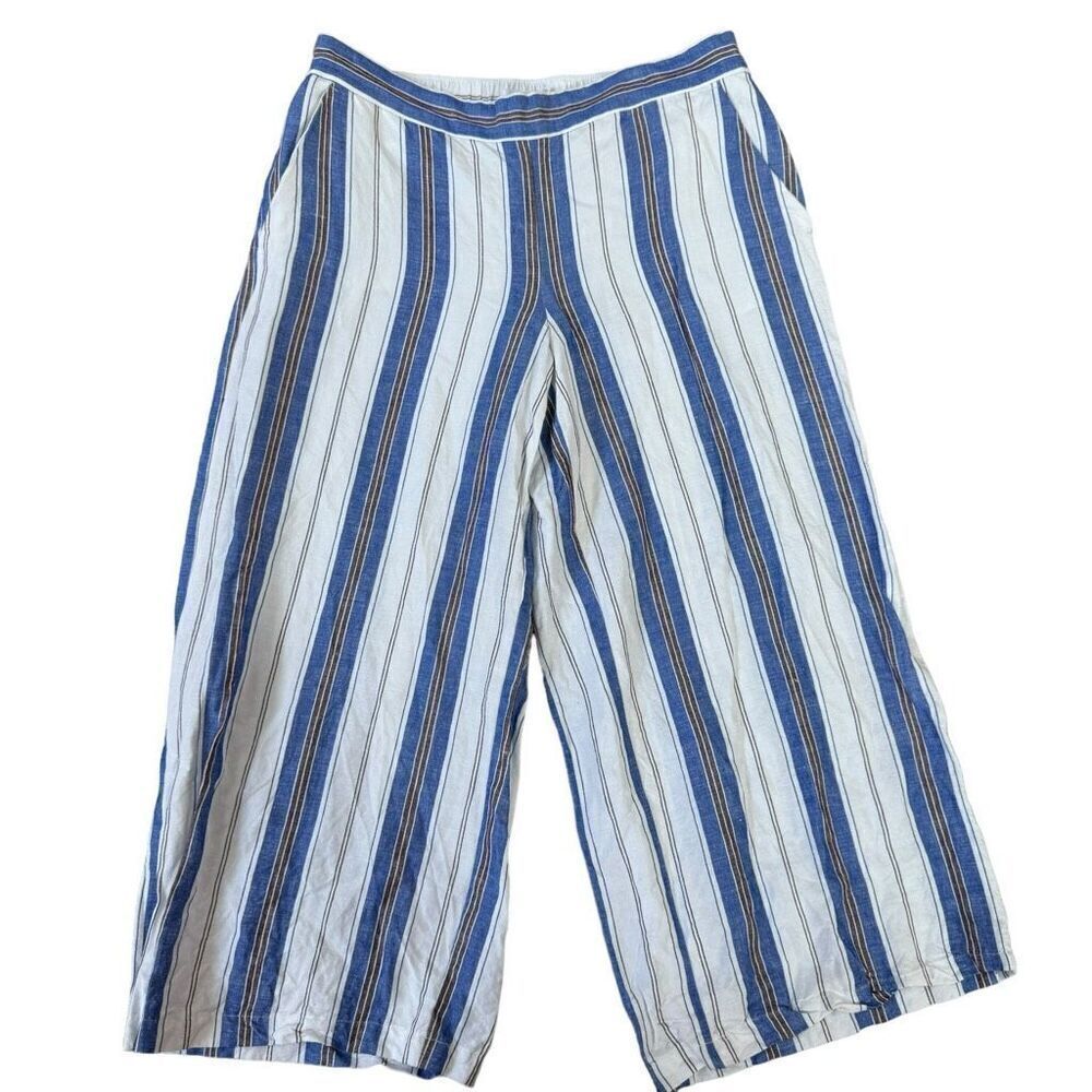 LOFT wide leg linen blend striped cropped pants elastic waist W/POCKETS SIZE M